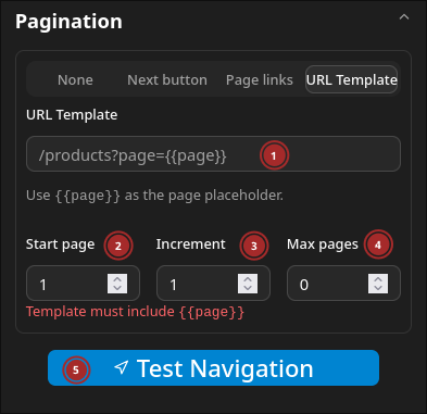 Screenshot of URL template tab of pagination section