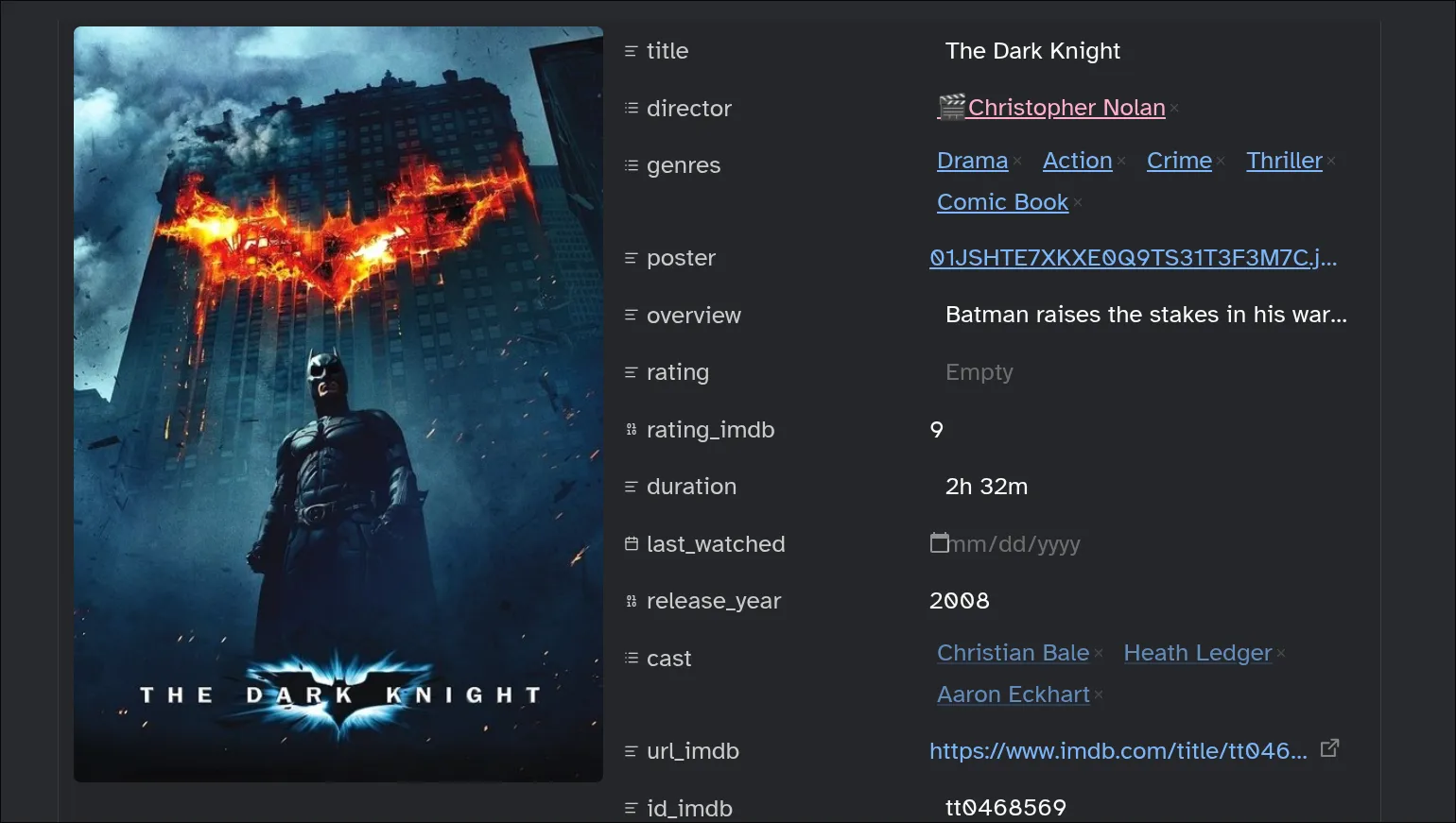 Screenshot of "The Dark Knight" note in Obsidian